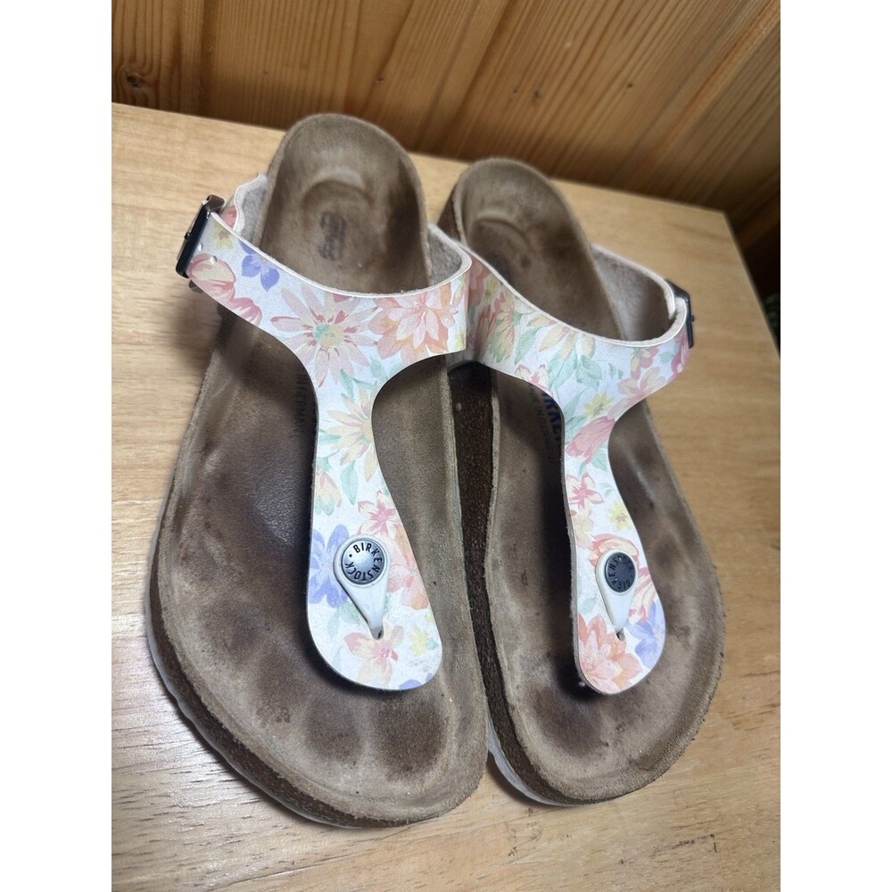 Birkenstock Gizeh Pastel Floral Print Sandals Size 39 US 8-8.5 White Soles
